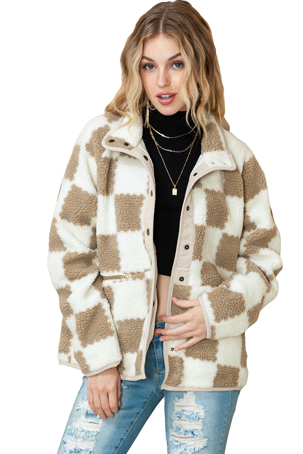 Giacca in sherpa marrone, bottoni automatici.