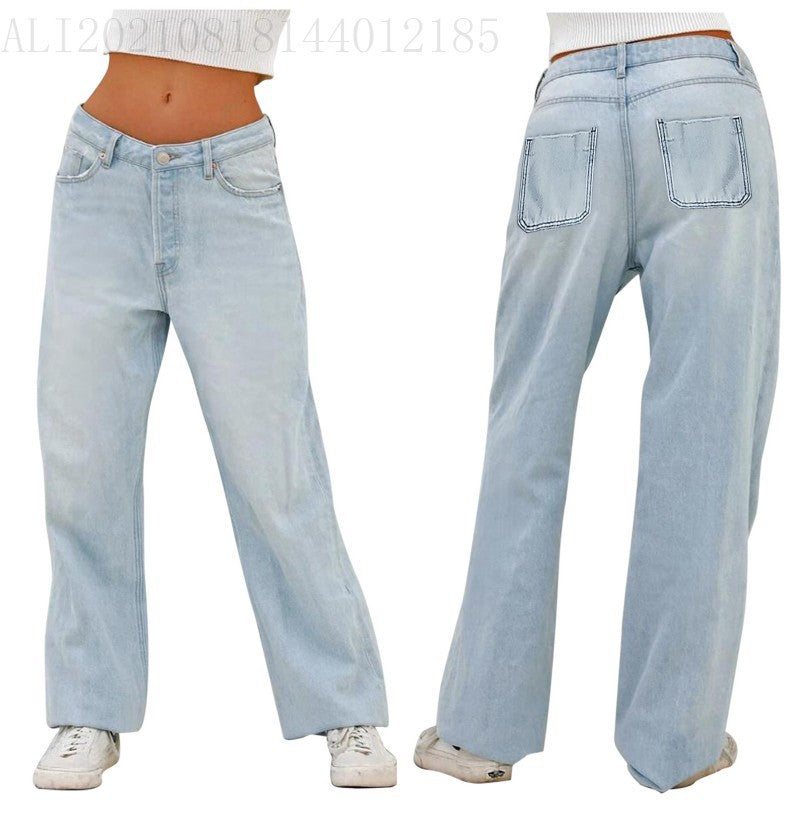 High-waist, loose, wide-leg jeans.