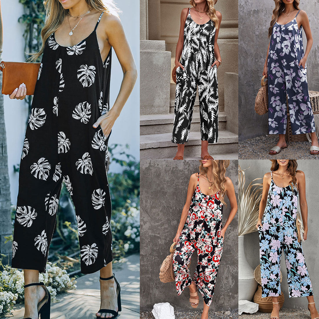 Floral print suspender jumpsuit, pocketed.