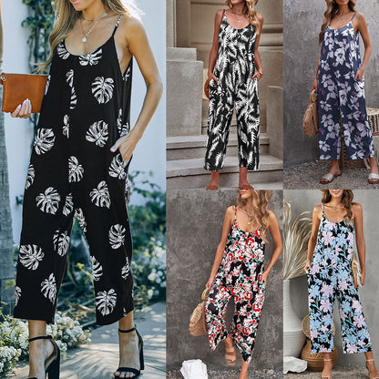 Floral print suspender jumpsuit, pocketed.