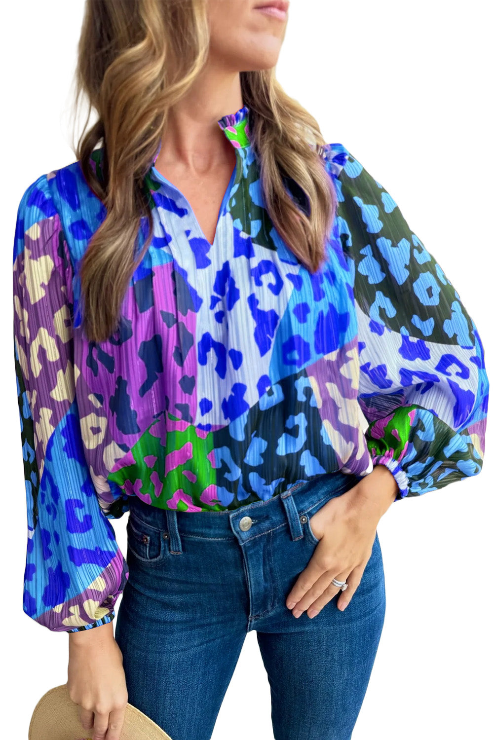 Color block blouse with leopard accents