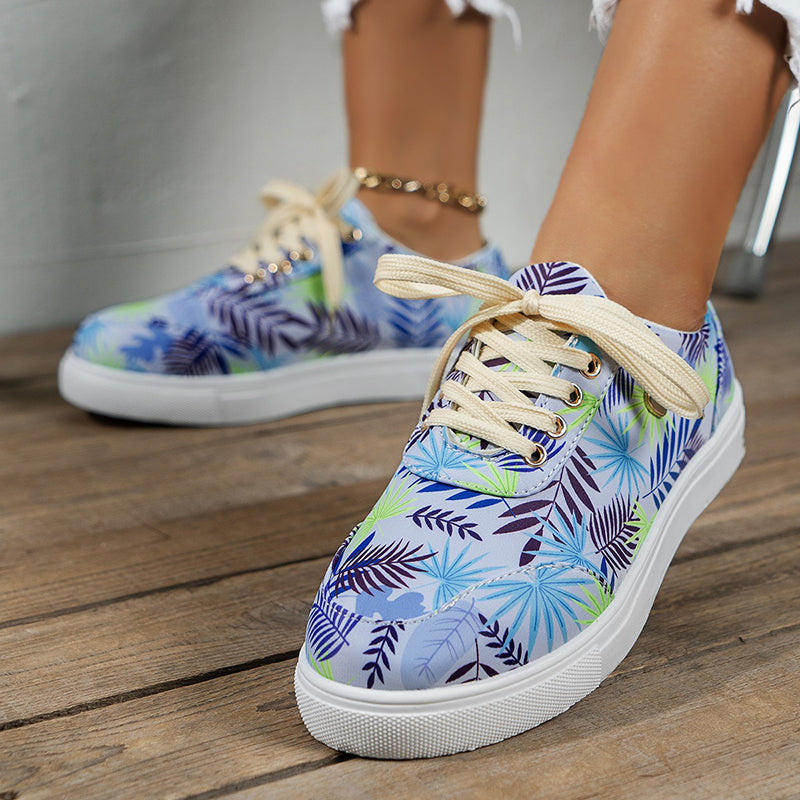 Canvas Women Lace-Up Flats Leaves Print Casual Sneakers