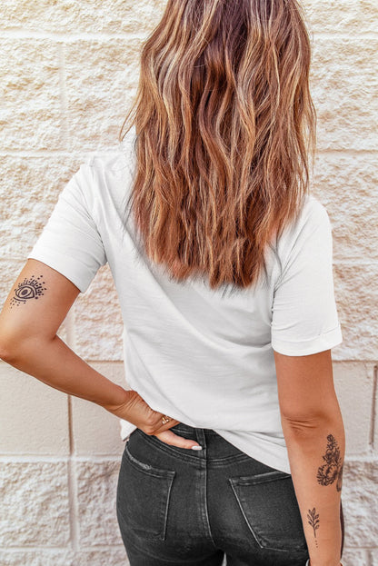 White tee with lucky chenille patch