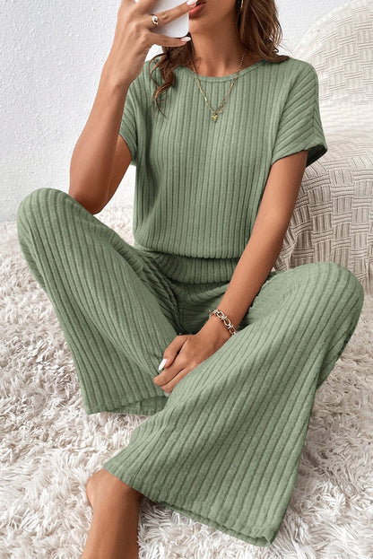 Parchment Solid Color Ribbed Short Sleeve Wide Leg Jumpsuit