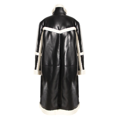 Contrast Patchwork Thickening Fur And Leather Overcoat Women