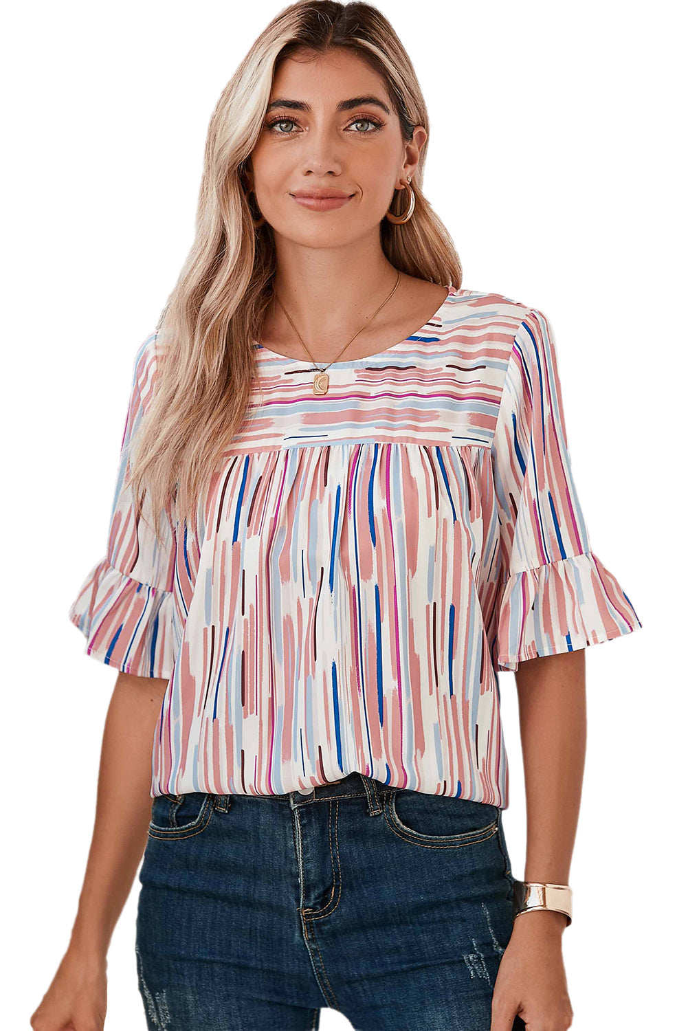 Half-sleeve blouse with striped ruffles