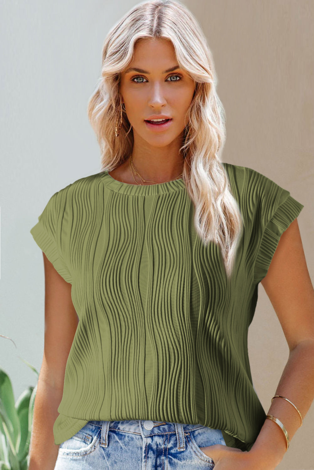 Cap sleeve top with wavy texture