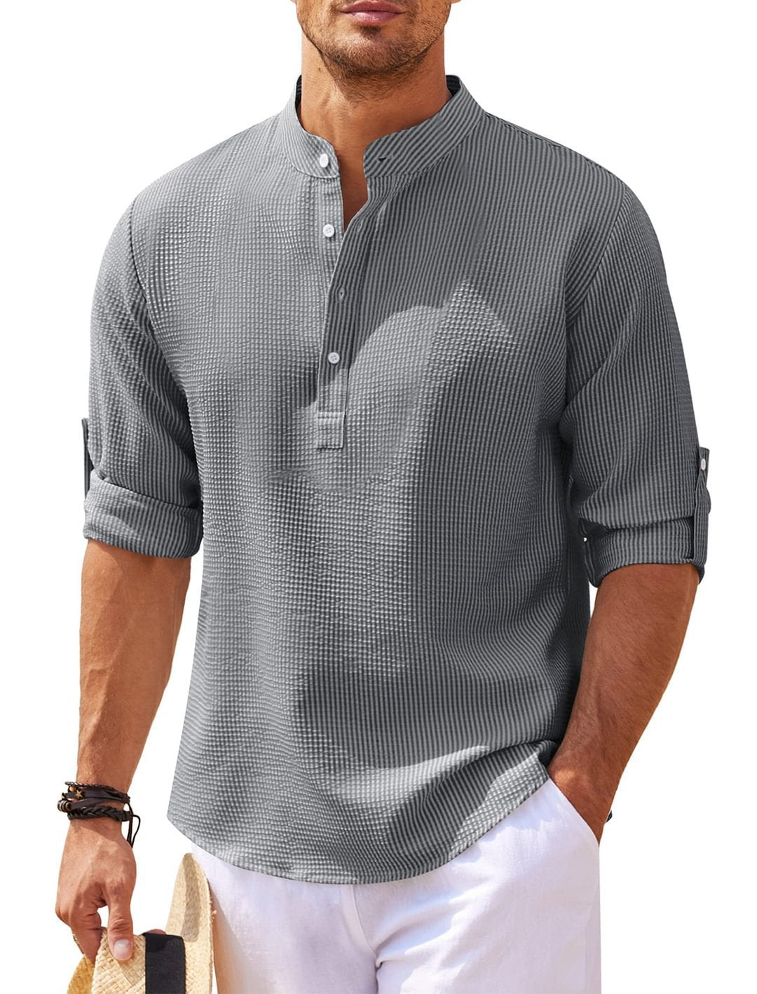 Solid color stand collar shirt.