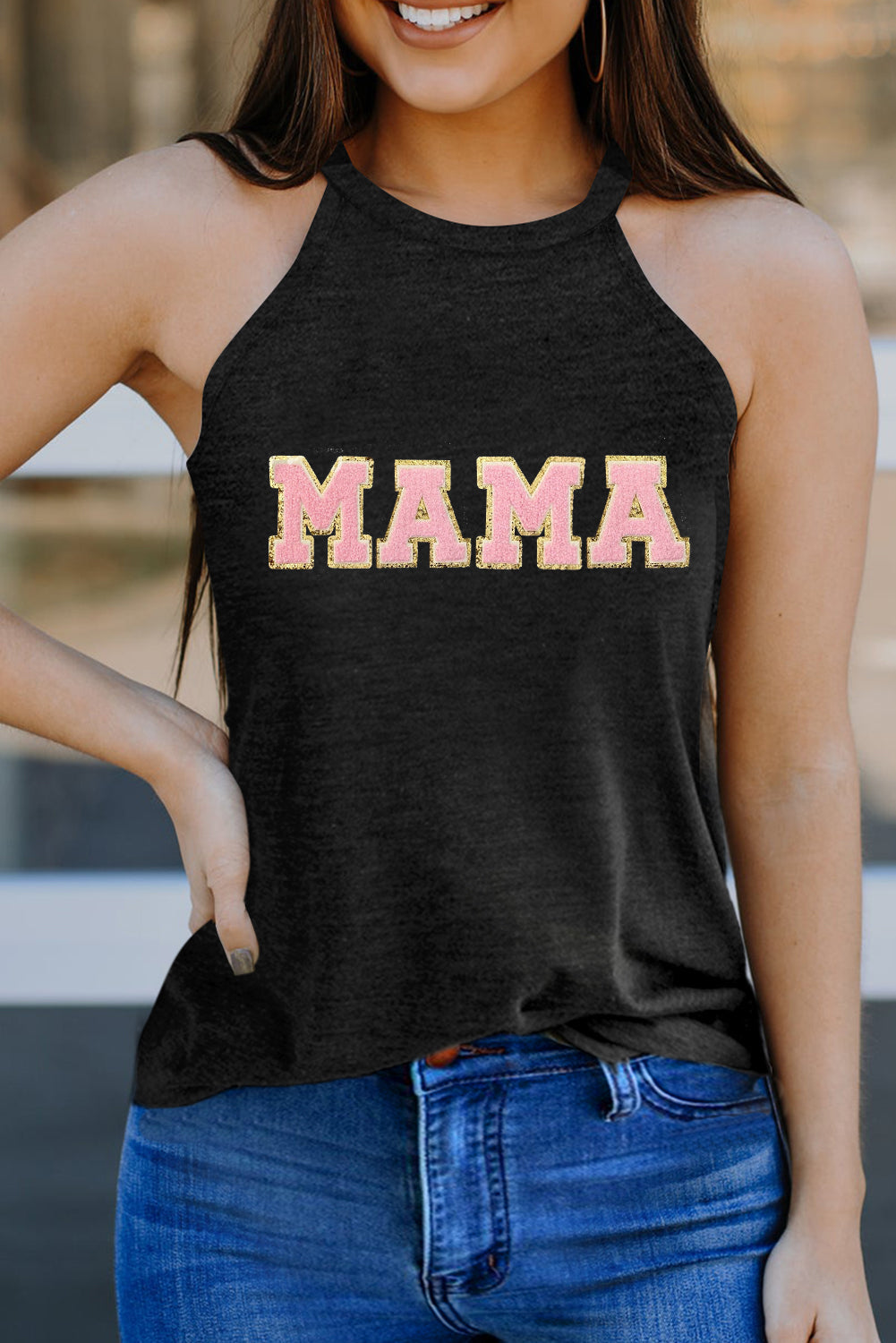 Black tank top with "MAMA" chenille patch