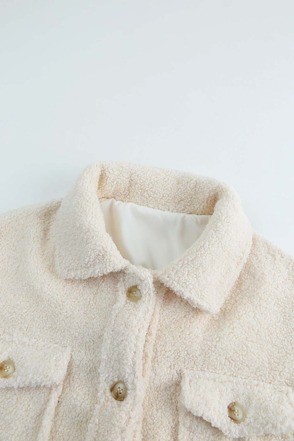 White Flap Pockets Button Front Teddy Coat