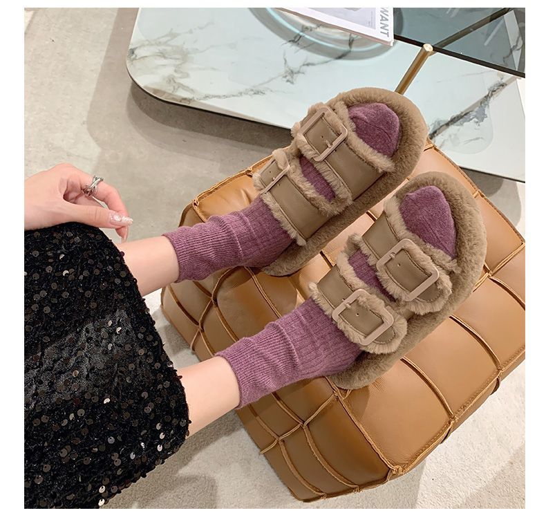 Women's Fashion All-match Furry Fleece-lined Belt Buckle Cotton Slippers