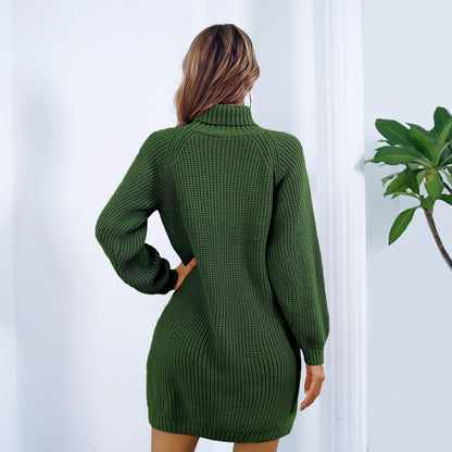 Turtleneck Long Sleeve Sweater Dress With Button Design Leisure Clinch