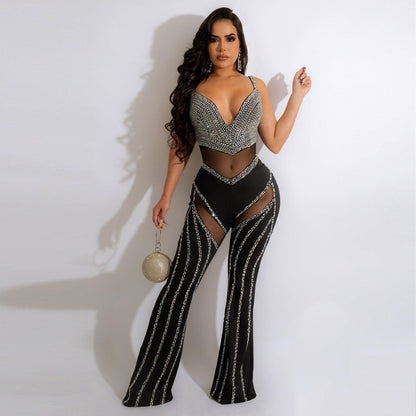 Call it See-through Deep V Rhinestone Jumpsuit -BaaQua