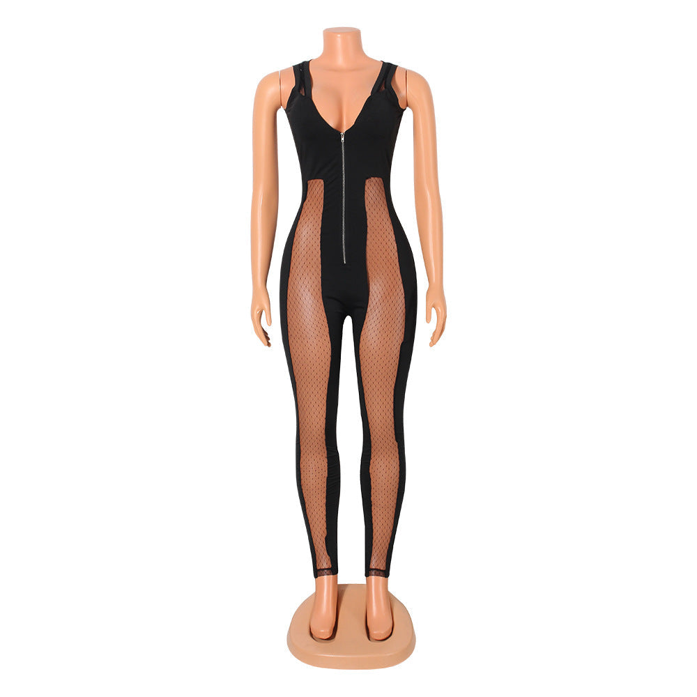 BQ Mesh See-through Stitching Jumpsuit Women