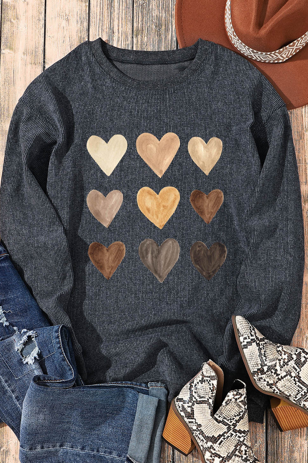 Gray sweatshirt with heart graphic