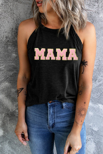 Black tank top with "MAMA" chenille patch