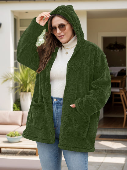 Plus Size Zip Up Long Sleeve Hooded Outerwear