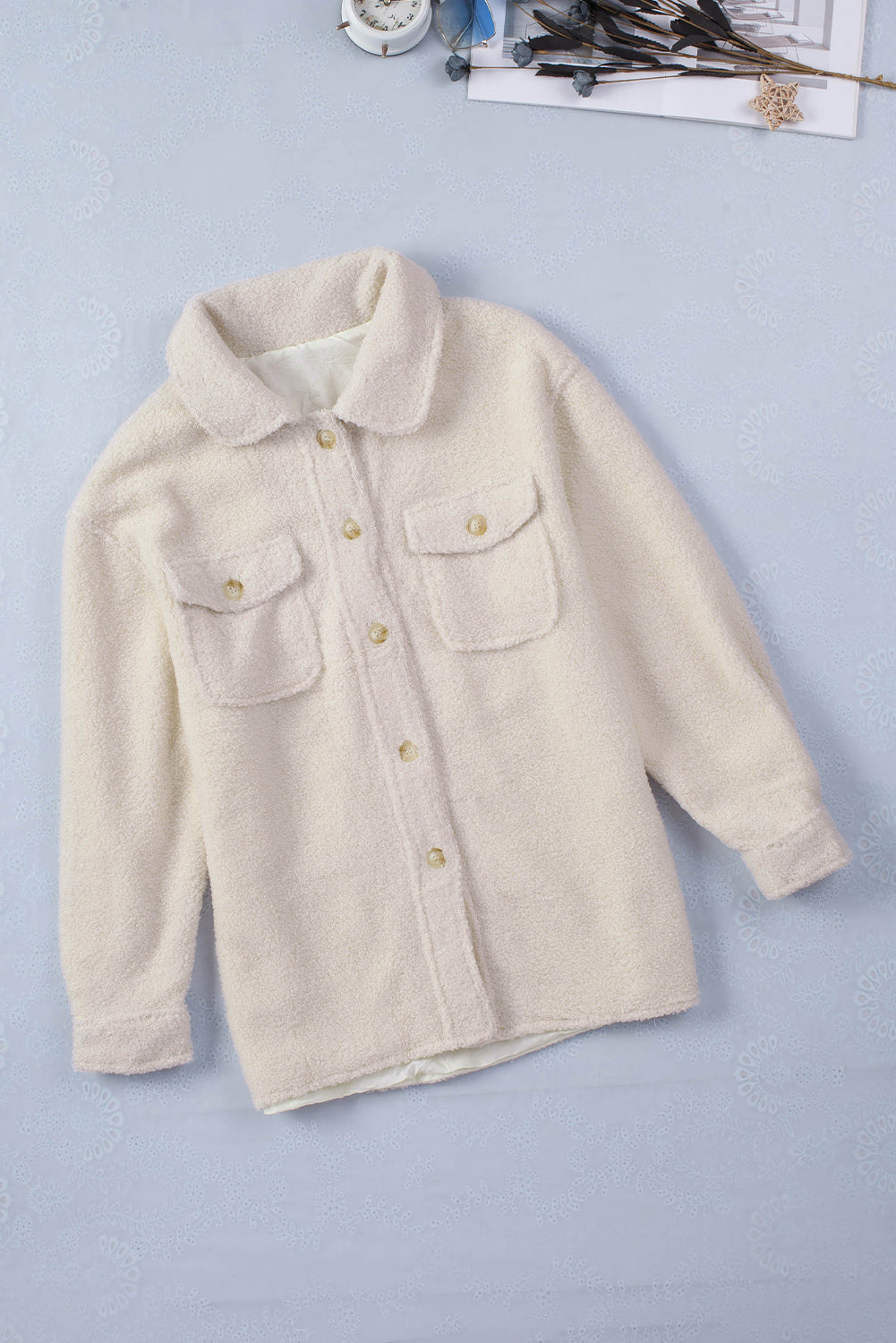 White Flap Pockets Button Front Teddy Coat