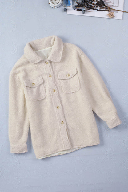 White Flap Pockets Button Front Teddy Coat