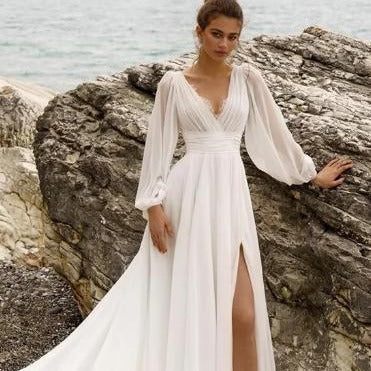 High Waist Plus V Long Sleeve Mopping Backless Wedding Dress