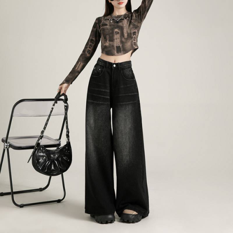 Retro Washed Craft Black Gray Wide Leg Jeans