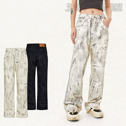 Distressed straight jeans, street style.