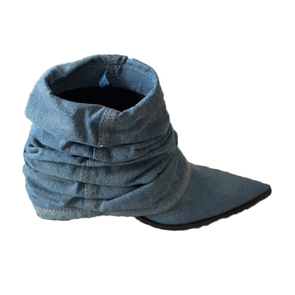 Thickened Pleated Denim Short Boots