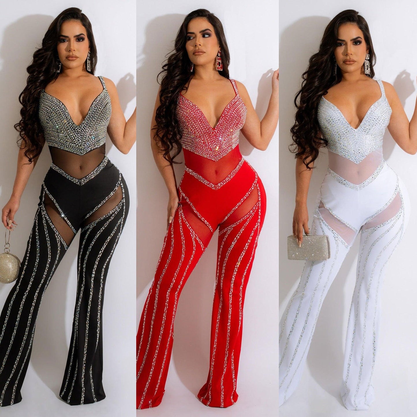 Call it See-through Deep V Rhinestone Jumpsuit -BaaQua