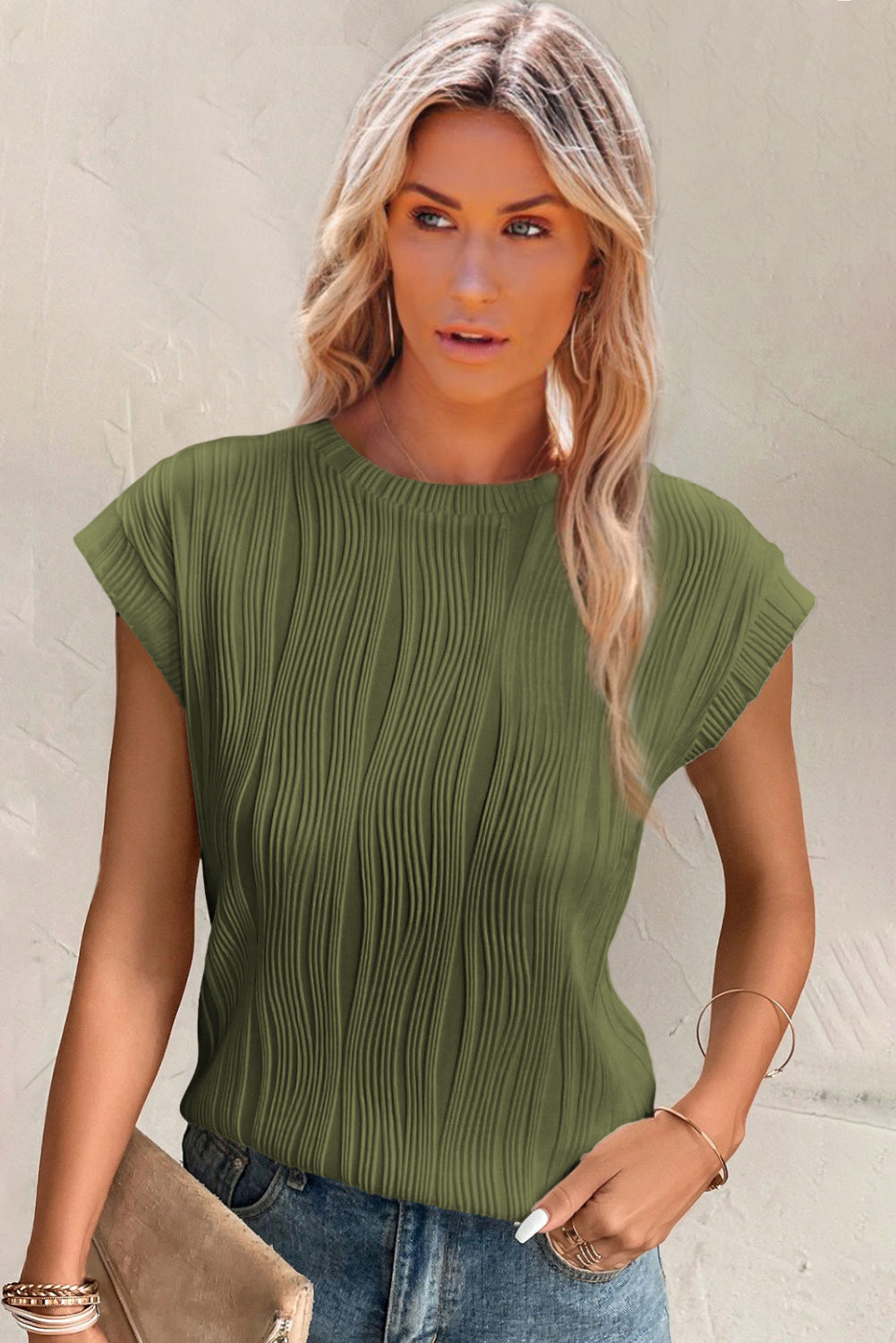 Cap sleeve top with wavy texture