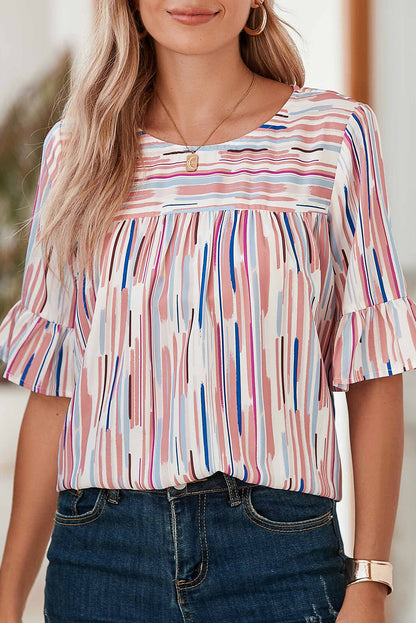 Half-sleeve blouse with striped ruffles