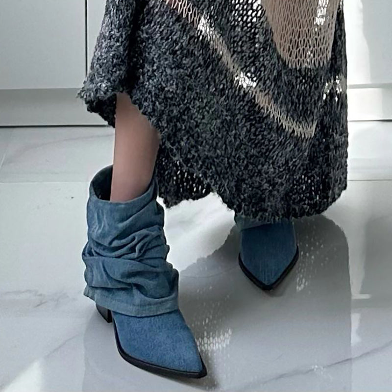 Thickened Pleated Denim Short Boots