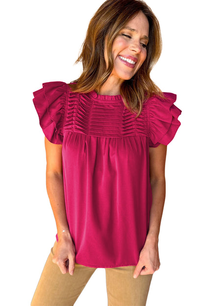 Blouse with ruched, frilled neck