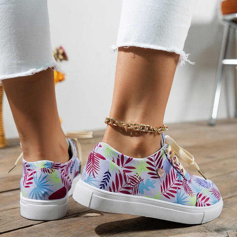 Canvas Women Lace-Up Flats Leaves Print Casual Sneakers