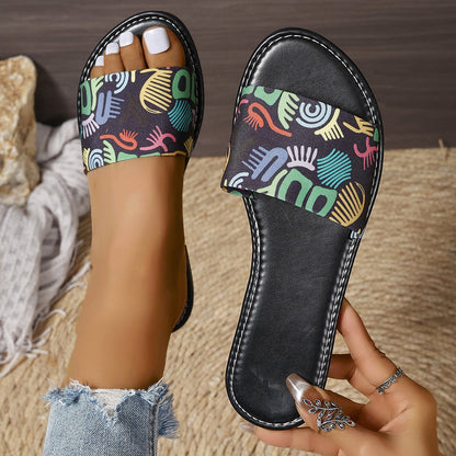 Graffiti Print Sandals Round Toe Flat Beach Slippers