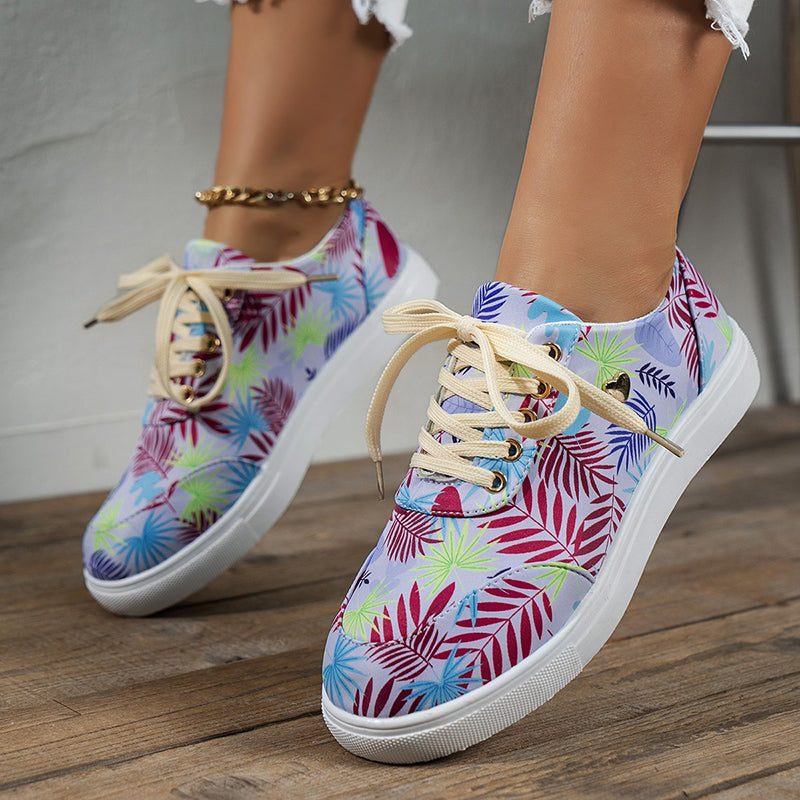 Canvas Women Lace-Up Flats Leaves Print Casual Sneakers