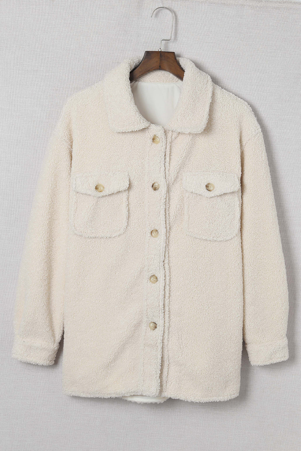 White Flap Pockets Button Front Teddy Coat