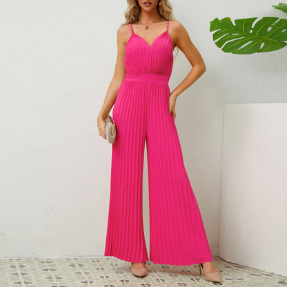 V-neck pleated jumpsuit, loose pants