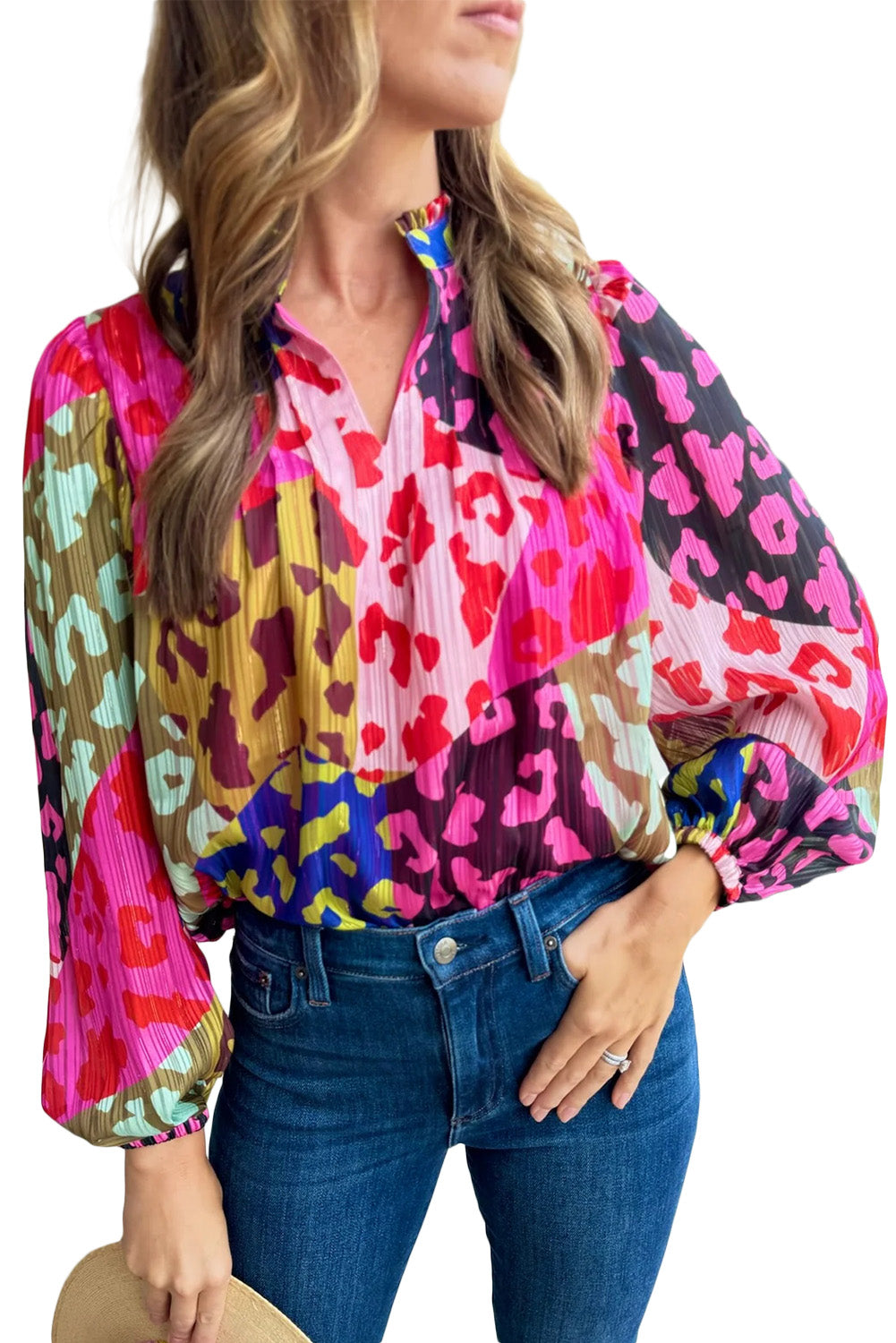 Color block blouse with leopard accents