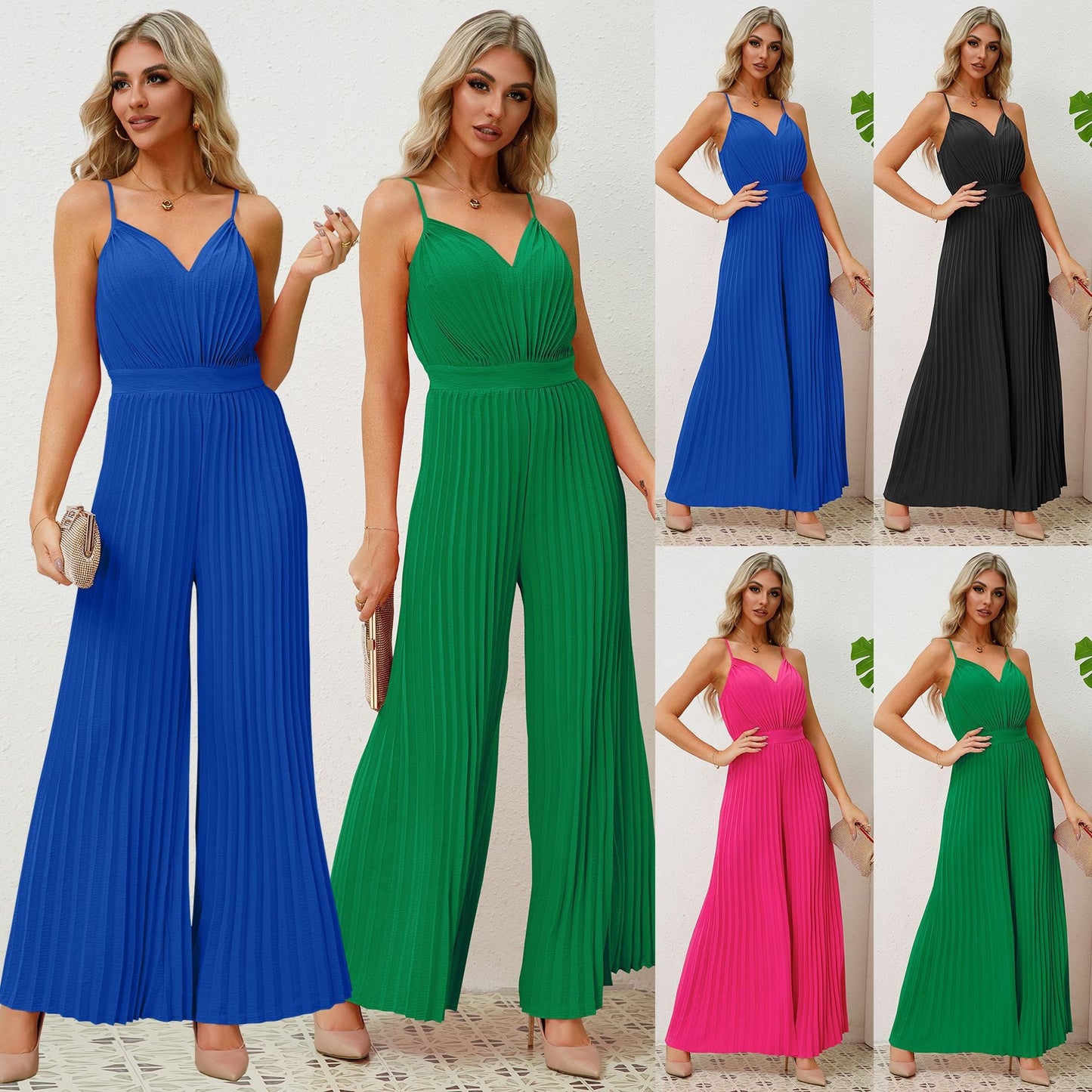 V-neck pleated jumpsuit, loose pants