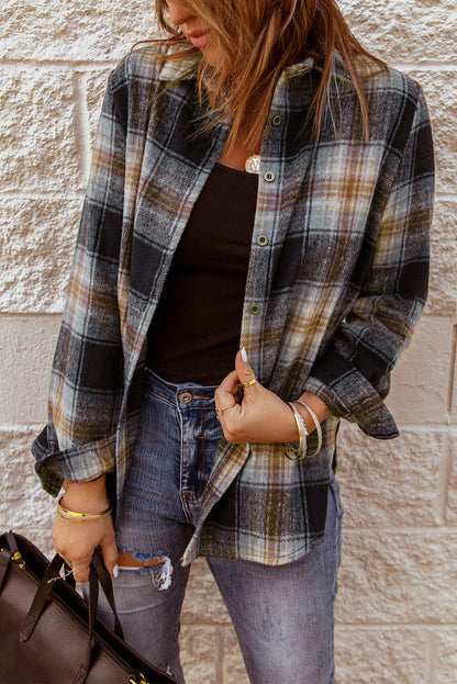 Split button-up shacket, grey-plaid