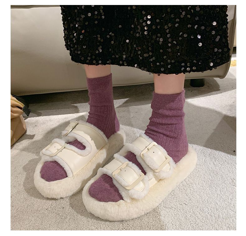 Women's Fashion All-match Furry Fleece-lined Belt Buckle Cotton Slippers