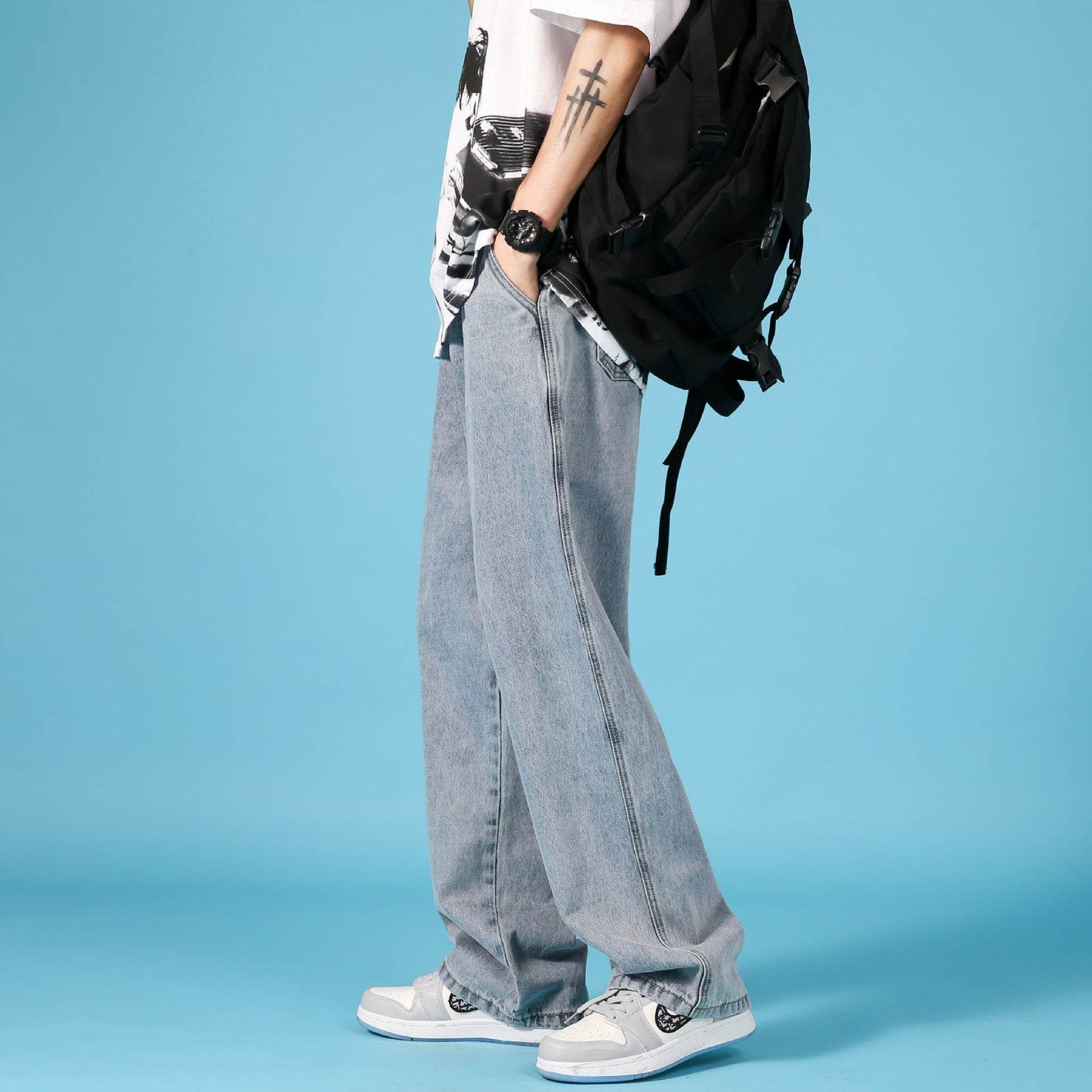 Hip-Hop Cargo Denim Trousers, Straight-Cut.