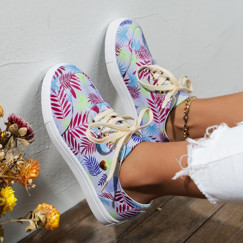 Canvas Women Lace-Up Flats Leaves Print Casual Sneakers