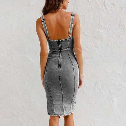 New U-neck Suspender Denim Dress Summer Casual Slim Tight