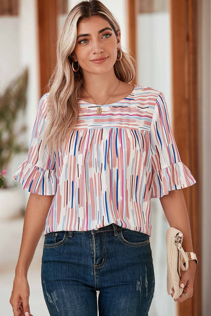 Half-sleeve blouse with striped ruffles