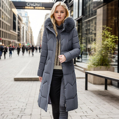 Long Coat With Thickened Fur Collar Straight Slim Cotton-padded Jacket