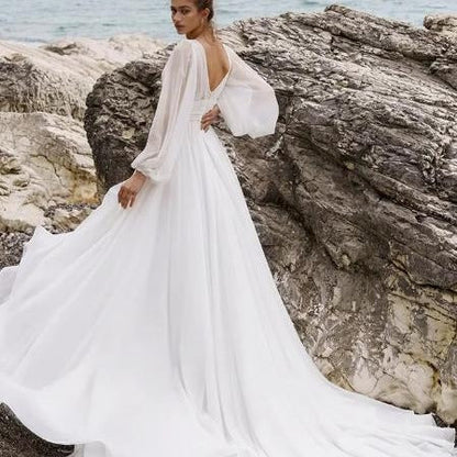 High Waist Plus V Long Sleeve Mopping Backless Wedding Dress