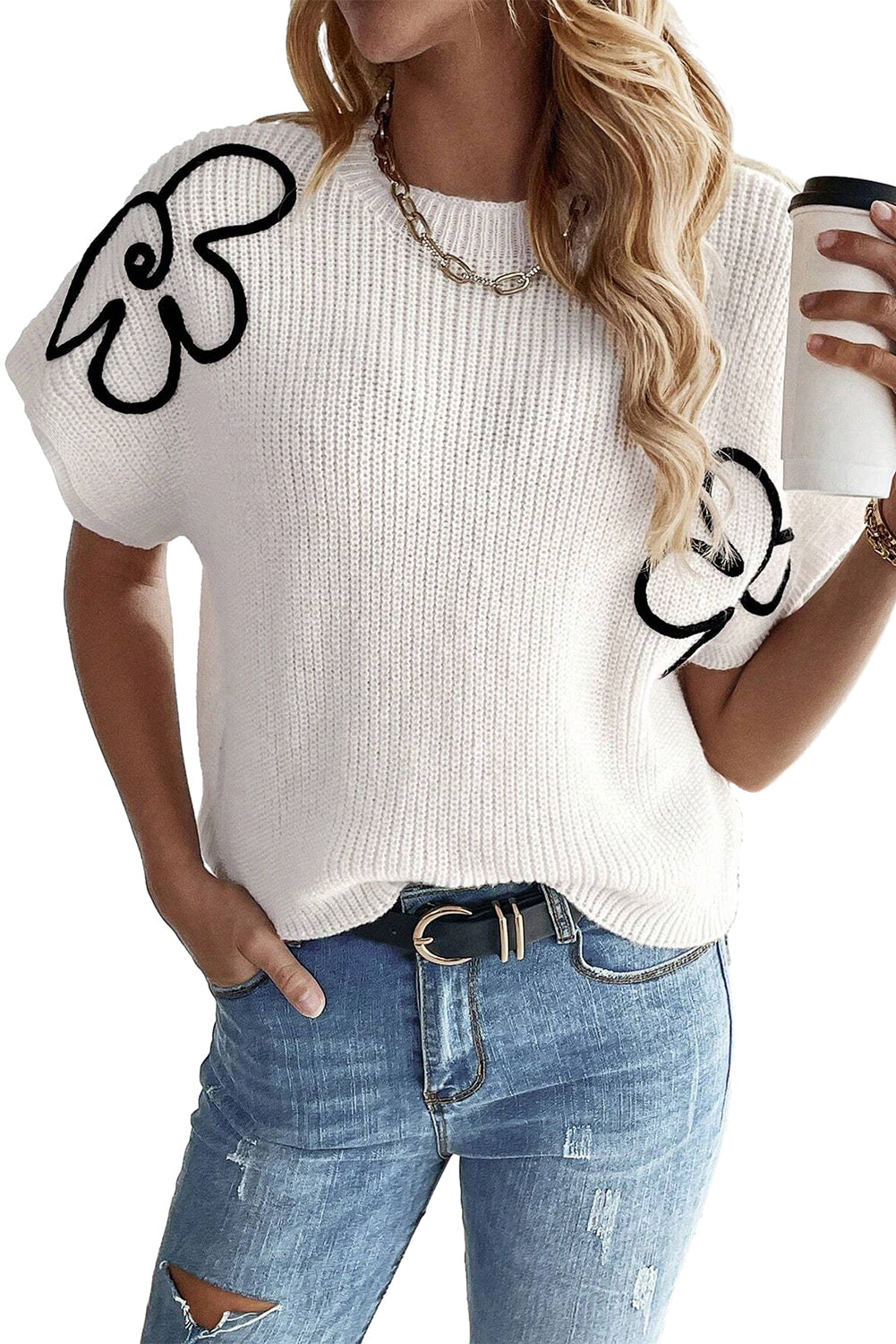 White knitted top with floral pattern