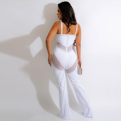 Call it See-through Deep V Rhinestone Jumpsuit -BaaQua