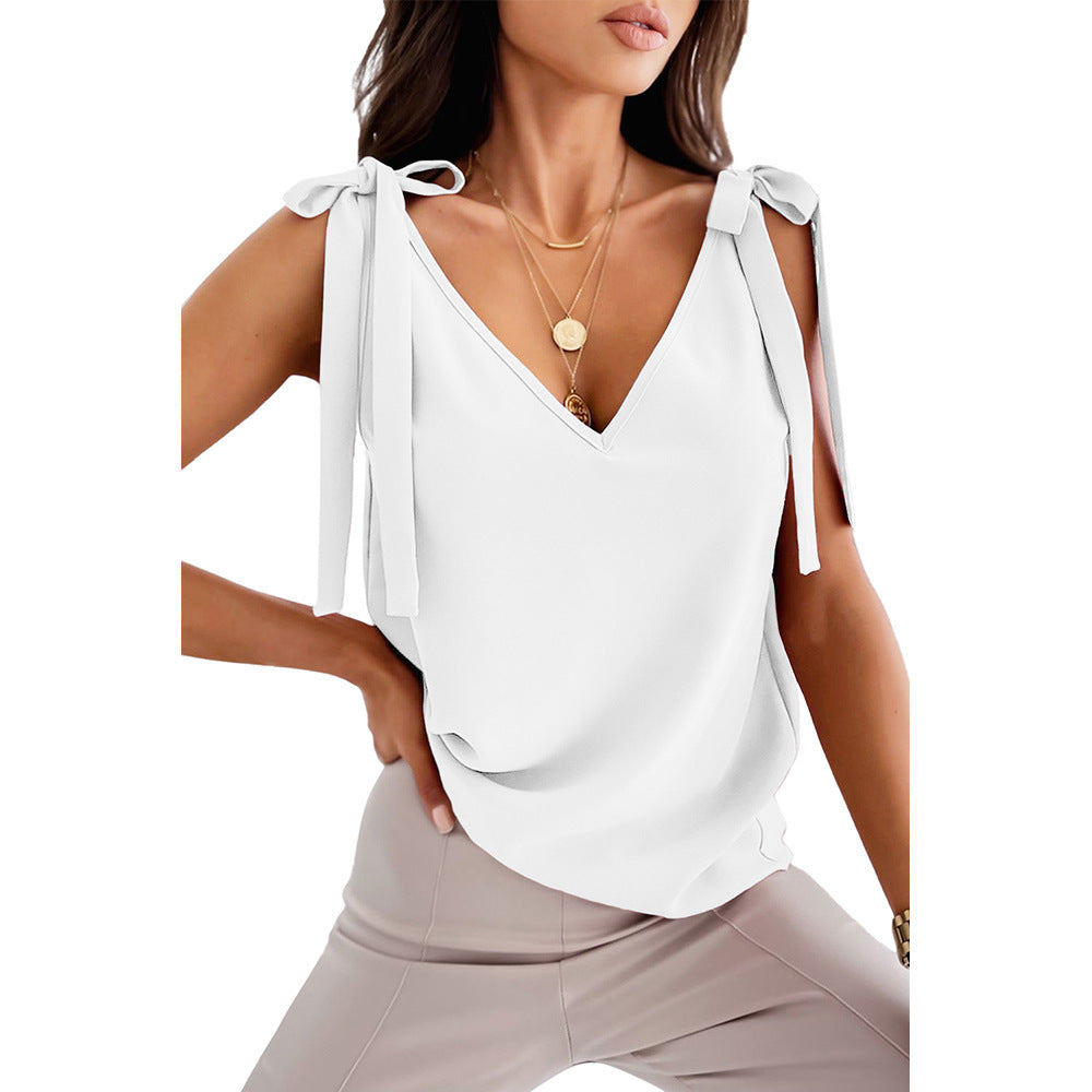 Summer sleeveless V-neck camisole with bowknot.